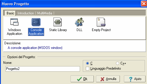 Ci occuperemo di applicazioni console, cioè che utilizzano come standard input e standard output una finestra MS-DOS. Il progetto sarà costituito da un programma in C. Fig. 3.
