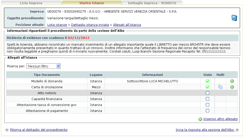 Richiesta Integrazione Evidenze da parte della Sezione L impresa può