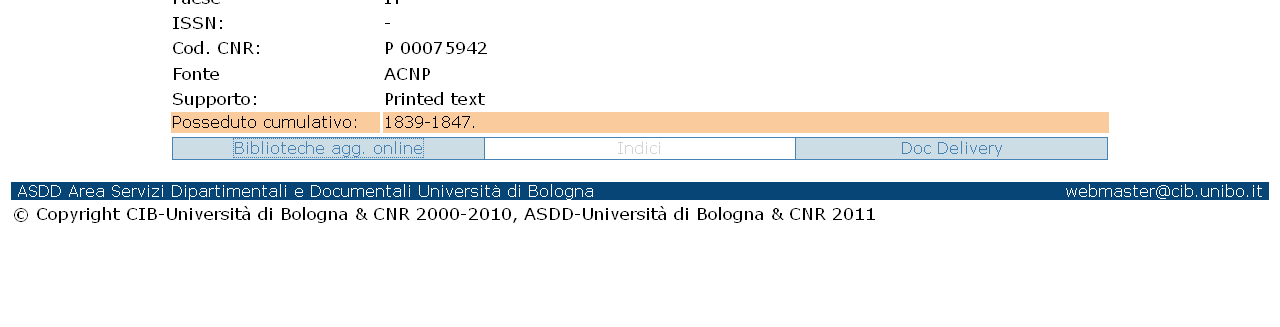 ACNP Ricerca semplice 3 Una volta individuato il periodico che interessa, con il pulsante Biblioteche si visualizzano tutte le