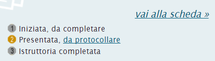 In dettaglio il pannello di controllo offre le seguenti informazioni: Messaggio che indica lo stato della domanda Per iniziare o continuare a compilare una domanda (eseguibile in base allo stato