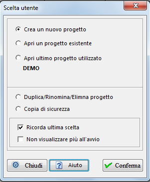 Creazione nuovo progetto o apertura di uno esistente All'avvio del software si presenta la sottostante. L'utente dovrà selezionare l'opzione desiderata.