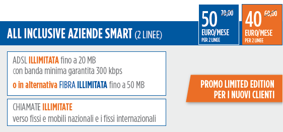 Offerta Integrata All Inclusive Aziende Smart Abbinando all offerta fissa All Inclusive Aziende Smart una SIM Unlimited o Basic ricaricabile i vantaggi