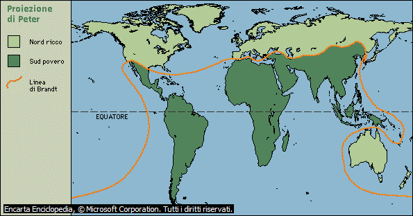 PROIEZIONE di PETERS: Il difetto principale della proiezione di Mercatore è la deformazione delle aree geografiche: via via che ci spostiamo dall'equatore ai poli, le aree geografiche risultano