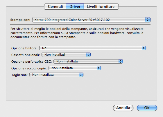 CONFIGURAZIONE DELLA STAMPA SU MAC OS X 21 Configurazione delle opzioni installabili Per utilizzare le opzioni di stampa appropriate per la macchina da stampa digitale e Integrated Fiery Color