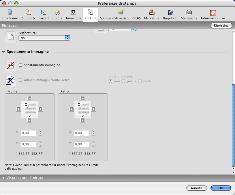 STAMPA DA COMPUTER MAC OS X 31 NOTA: Per visualizzare le impostazioni ColorWise da Integrated Fiery Color Server in questa finestra di dialogo, assicurarsi che la Comunicazione bidirezionale sia