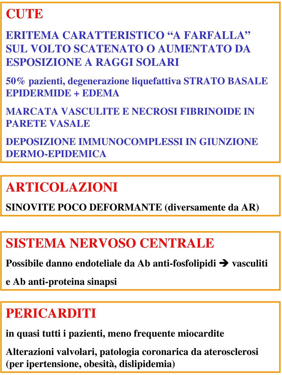 POCO DEFORMANTE (diversamente da AR) SISTEMA NERVOSO CENTRALE Possibile danno endoteliale da Ab anti-fosfolipidi vasculiti e Ab anti-proteina sinapsi