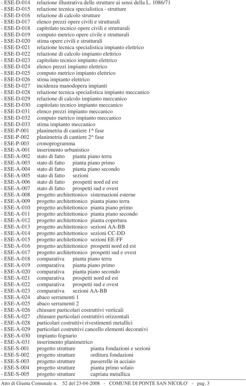 civili e strutturali - ESE-D-019 computo metrico opere civile e strutturali - ESE-D-020 stima opere civili e strutturali - ESE-D-021 relazione tecnica specialistica impianto elettrico - ESE-D-022