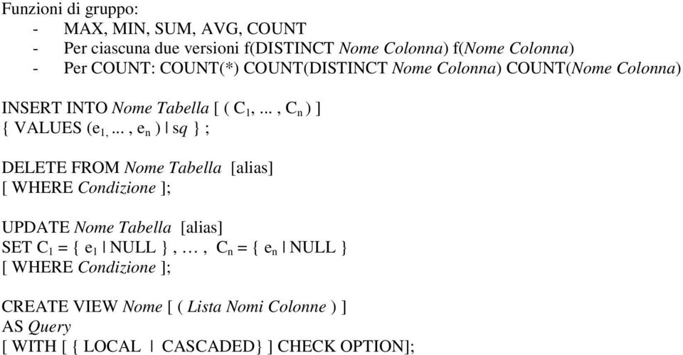 .., e n ) sq } ; DELETE FROM Nome Tabella [alias] [ WHERE Condizione ]; UPDATE Nome Tabella [alias] SET C 1 = { e 1 NULL },, C