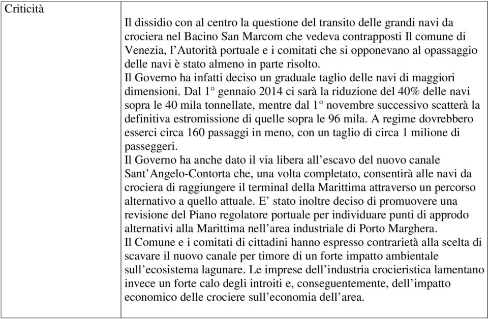 Dal 1 gennaio 2014 ci sarà la riduzione del 40% delle navi sopra le 40 mila tonnellate, mentre dal 1 novembre successivo scatterà la definitiva estromissione di quelle sopra le 96 mila.