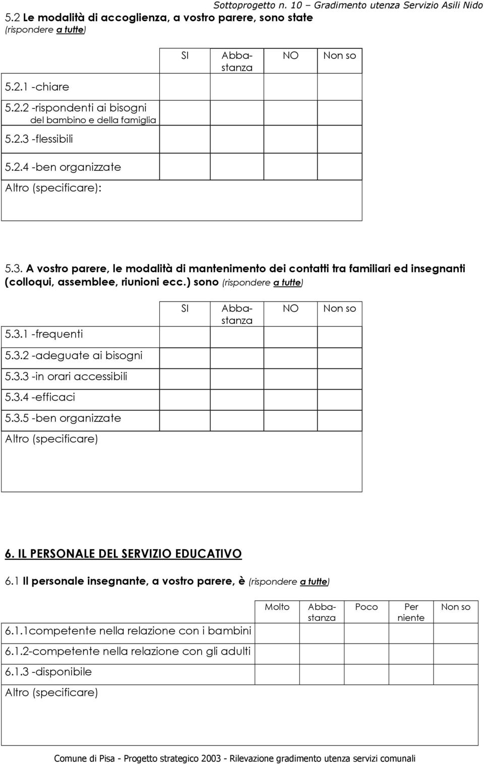 3.3 -in orari accessibili 5.3.4 -efficaci 5.3.5 -ben organizzate 6. IL PERSONALE DEL SERVIZIO EDUCATIVO 6.1 Il personale insegnante, a vostro parere, è (rispondere a tutte) 6.