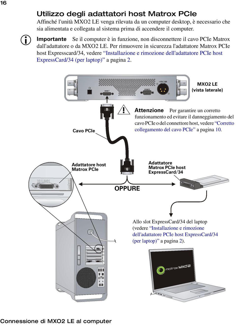 Per rimuovere in sicurezza l'adattatore Matrox PCIe host Expresscard/34, vedere Installazione e rimozione dell'adattatore PCIe host ExpressCard/34 (per laptop) a pagina 2.