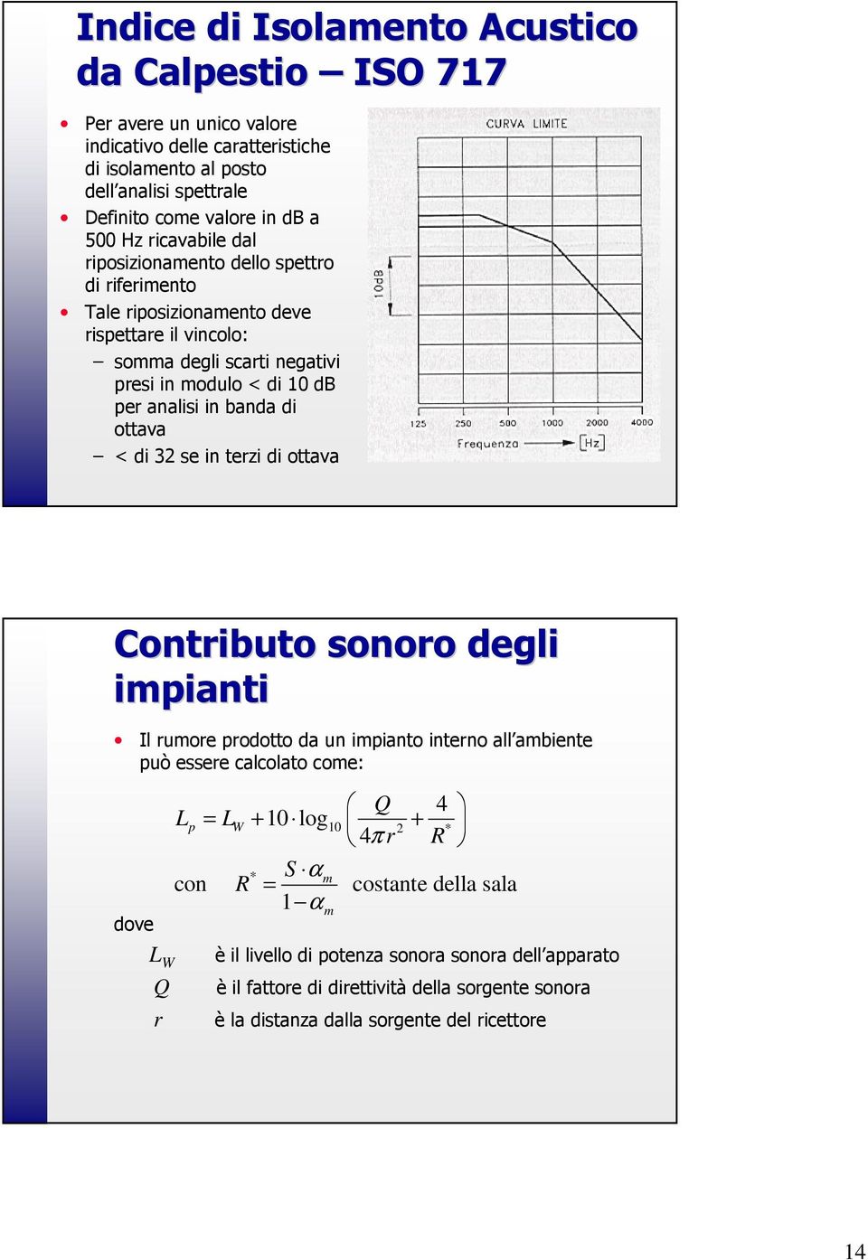 ottava < di 32 se in terzi di ottava Contributo sonoro degli impianti Il rumore prodotto da un impianto interno all ambiente può essere calcolato come: dove L W Q r Q 4 Lp = LW + 10 log10 + 2