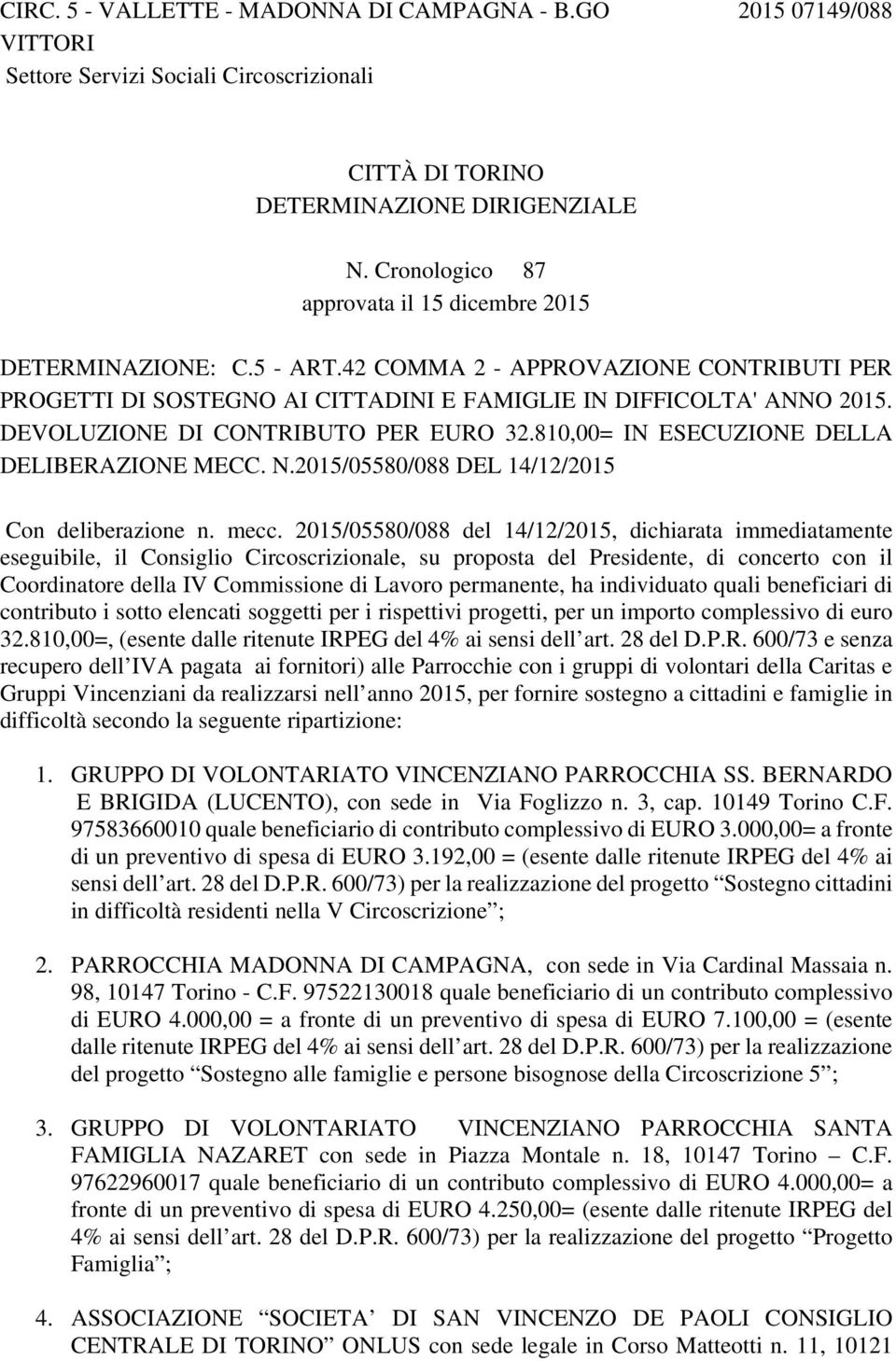 DEVOLUZIONE DI CONTRIBUTO PER EURO 32.810,00= IN ESECUZIONE DELLA DELIBERAZIONE MECC. N.2015/05580/088 DEL 14/12/2015 Con deliberazione n. mecc.