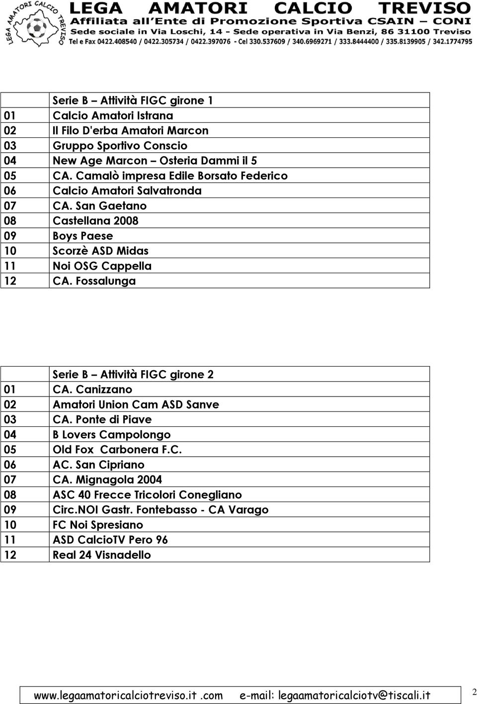 Fossalunga Serie B Attività FIGC girone 2 01 CA. Canizzano 02 Amatori Union Cam ASD Sanve 03 CA. Ponte di Piave 04 B Lovers Campolongo 05 Old Fox Carbonera F.C. 06 AC.