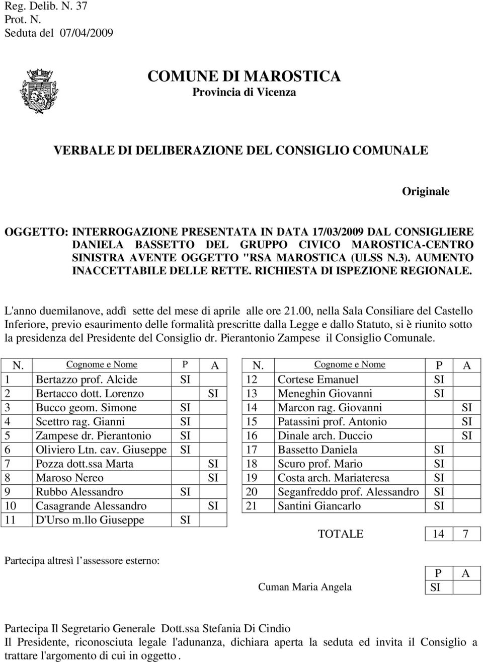 Seduta del 07/04/2009 COMUNE DI MAROSTICA Provincia di Vicenza VERBALE DI DELIBERAZIONE DEL CONSIGLIO COMUNALE Originale OGGETTO: INTERROGAZIONE PRESENTATA IN DATA 17/03/2009 DAL CONSIGLIERE DANIELA