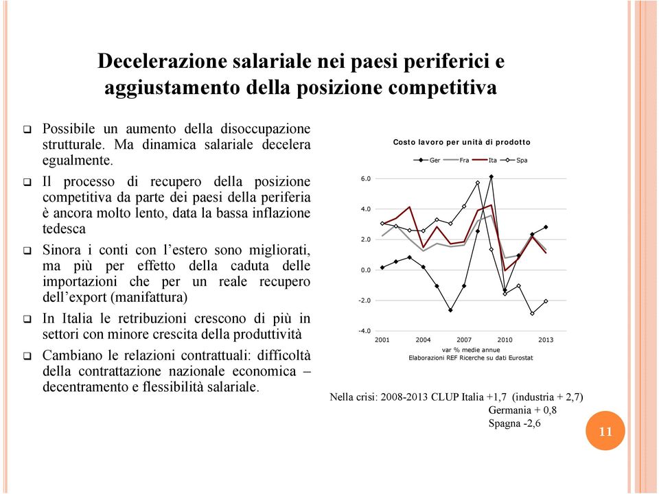effetto della caduta delle importazioni che per un reale recupero dell export (manifattura) In Italia le retribuzioni crescono di più in settori con minore crescita della produttività Cambiano le