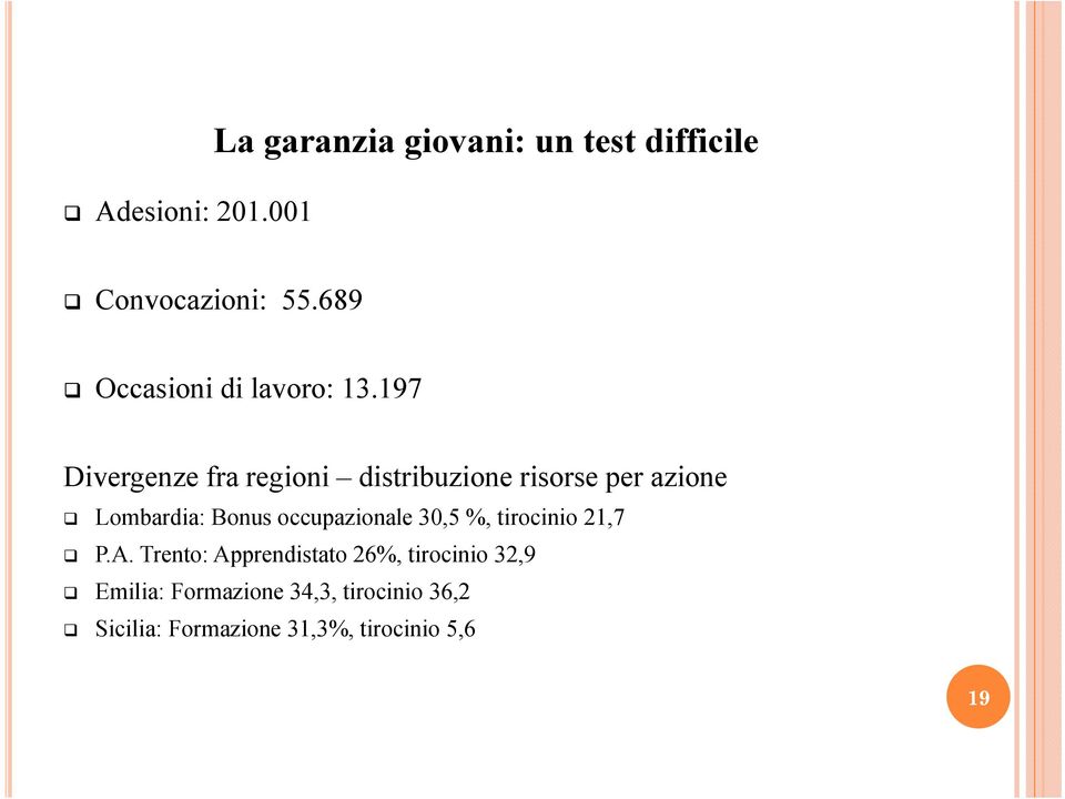 197 Divergenze fra regioni distribuzione risorse per azione Lombardia: Bonus