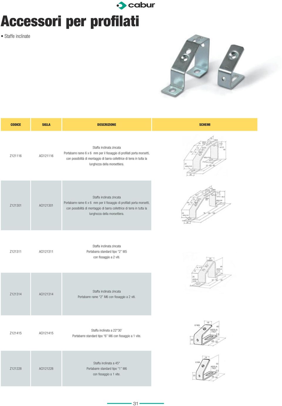 Z121301 ACI121301 Staffa inclinata zincata Portabarre rame 6 x 6 mm per il fissaggio di profilati porta morsetti, con  Z121311 ACI121311 Staffa inclinata zincata Portabarra standard tipo 2 M5 con