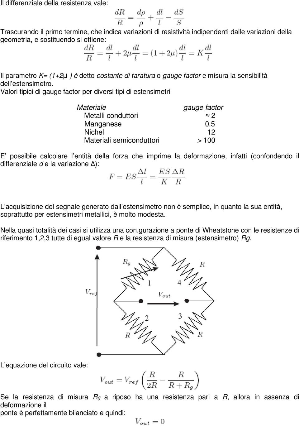 Valori tipici di gauge factor per diversi tipi di estensimetri Materiale gauge factor Metalli conduttori 2 Manganese 0.