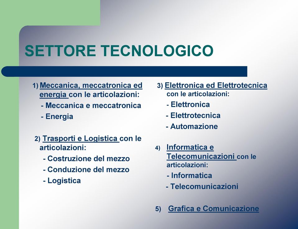 Logistica 3) Elettronica ed Elettrotecnica con le articolazioni: - Elettronica - Elettrotecnica - Automazione