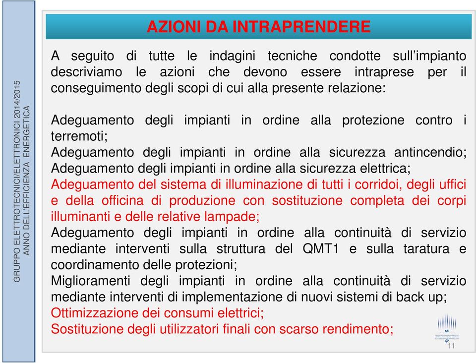 sicurezza elettrica; Adeguamento del sistema di illuminazione di tutti i corridoi, degli uffici e della officina di produzione con sostituzione completa dei corpi illuminanti e delle relative