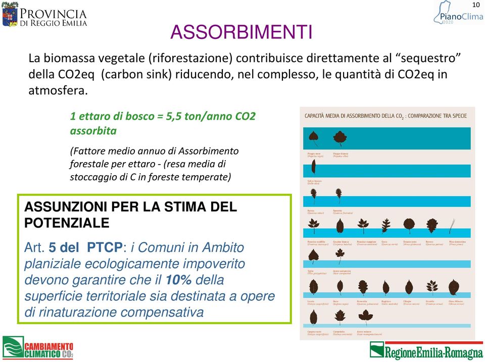 1 ettaro di bosco = 5,5 ton/anno CO2 assorbita (Fattore medio annuo di Assorbimento forestale per ettaro -(resa media di stoccaggio di C in