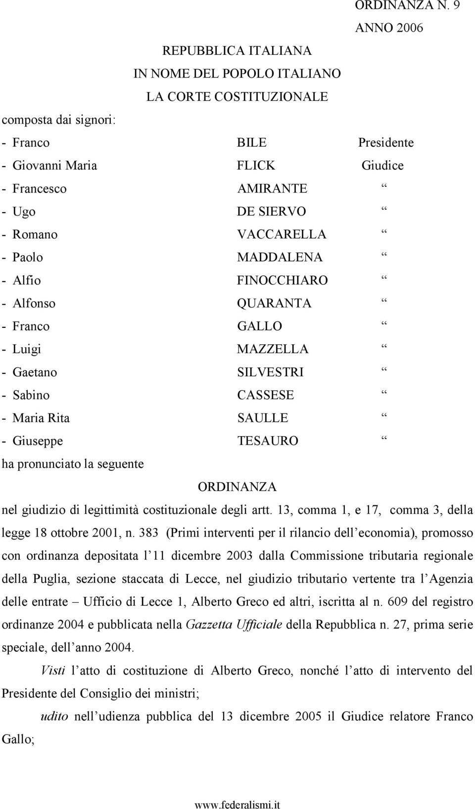 - Romano VACCARELLA - Paolo MADDALENA - Alfio FINOCCHIARO - Alfonso QUARANTA - Franco GALLO - Luigi MAZZELLA - Gaetano SILVESTRI - Sabino CASSESE - Maria Rita SAULLE - Giuseppe TESAURO ha pronunciato