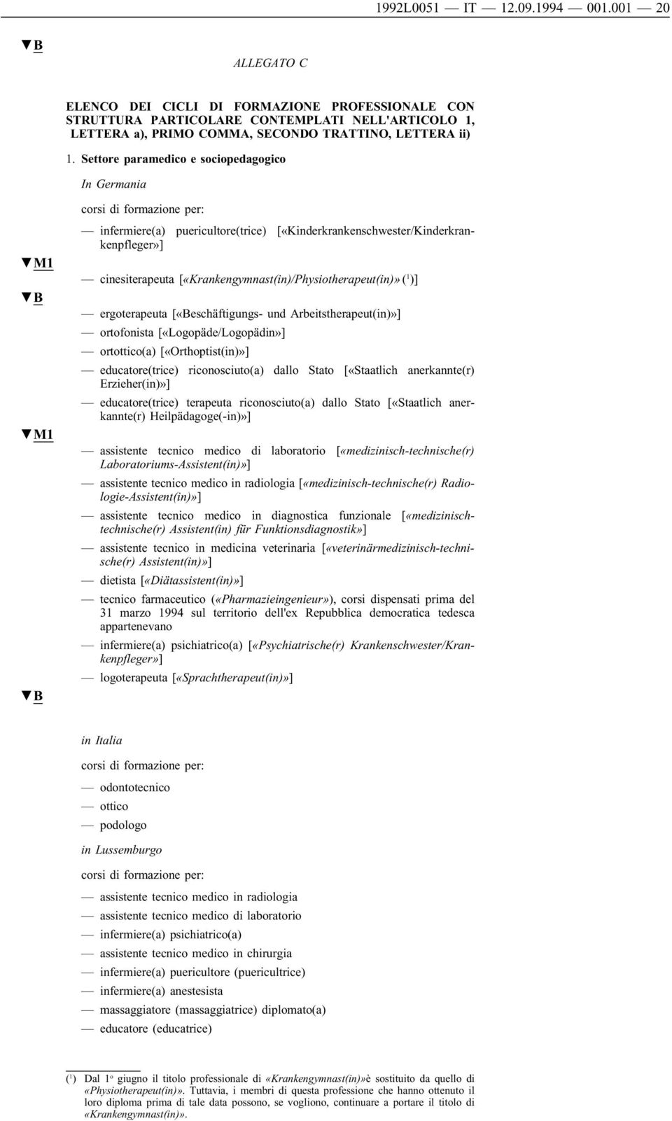 Settore paramedico e sociopedagogico In Germania corsi di formazione per: M1 M1 infermiere(a) puericultore(trice) [«Kinderkrankenschwester/Kinderkrankenpfleger»] cinesiterapeuta