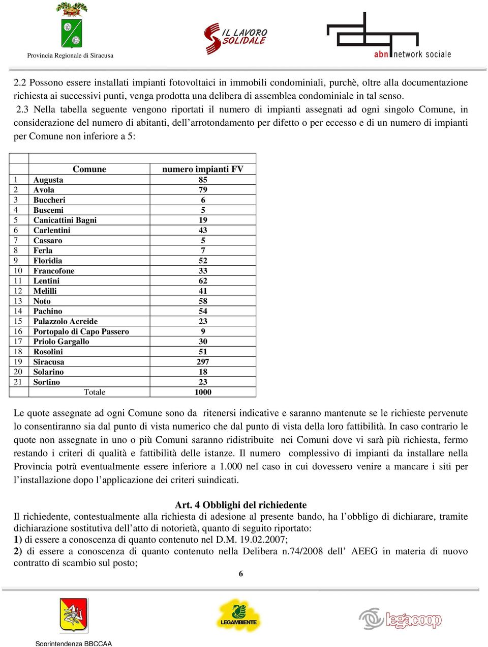 3 Nella tabella seguente vengono riportati il numero di impianti assegnati ad ogni singolo Comune, in considerazione del numero di abitanti, dell arrotondamento per difetto o per eccesso e di un