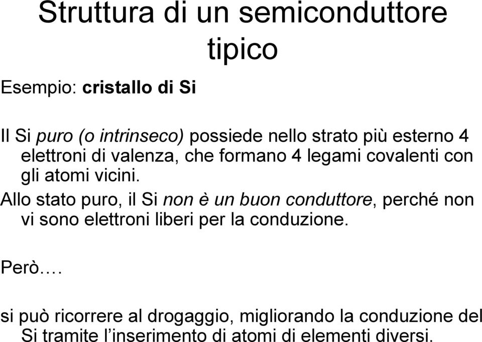 Allo stato puro, il Si non è un buon conduttore, perché non vi sono elettroni liberi per la conduzione.