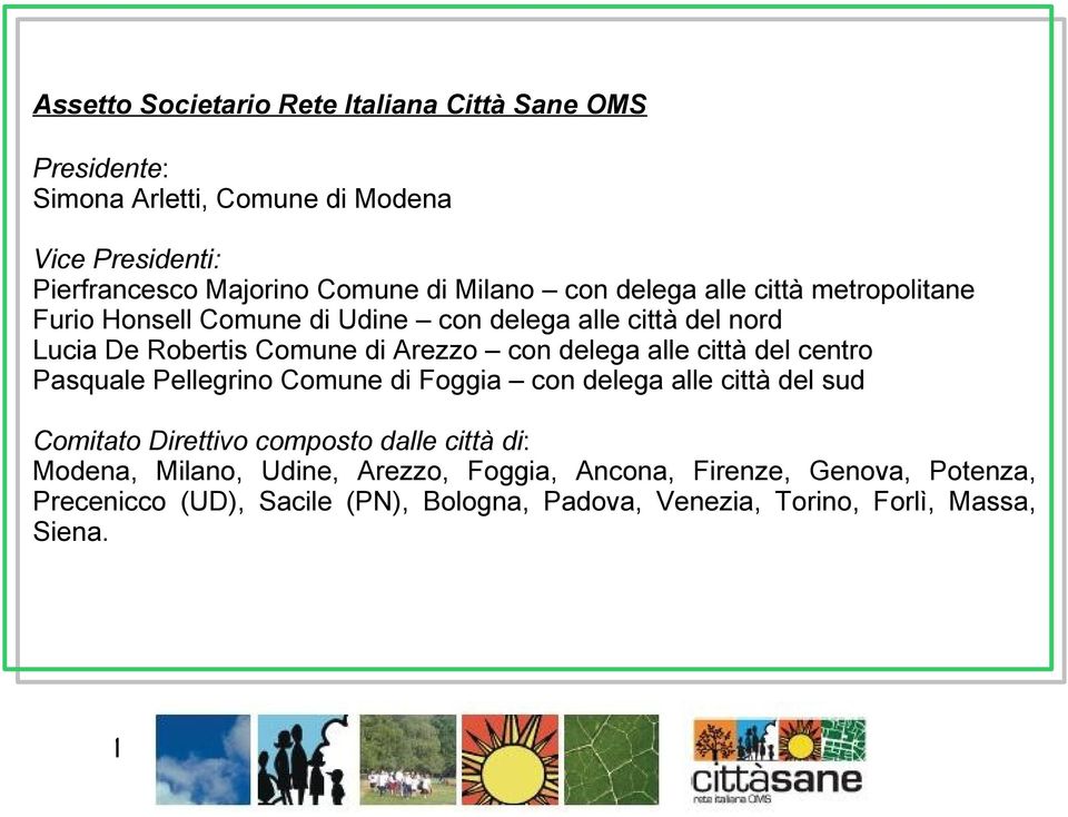 delega alle città del centro Pasquale Pellegrino Comune di Foggia con delega alle città del sud Comitato Direttivo composto dalle città di: Modena,