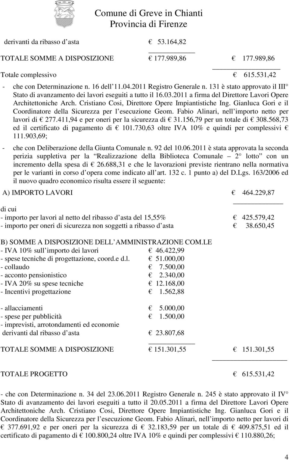 Fabio Alinari, nell importo netto per lavori di 277.411,94 e per oneri per la sicurezza di 31.156,79 per un totale di 308.568,73 ed il certificato di pagamento di 101.