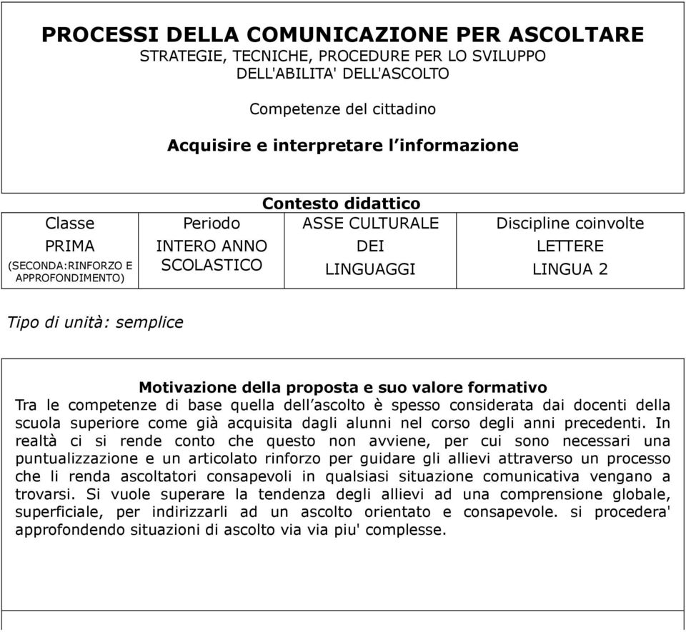 proposta e suo valore formativo Tra le competenze di base quella dell ascolto è spesso considerata dai docenti della scuola superiore come già acquisita dagli alunni nel corso degli anni precedenti.