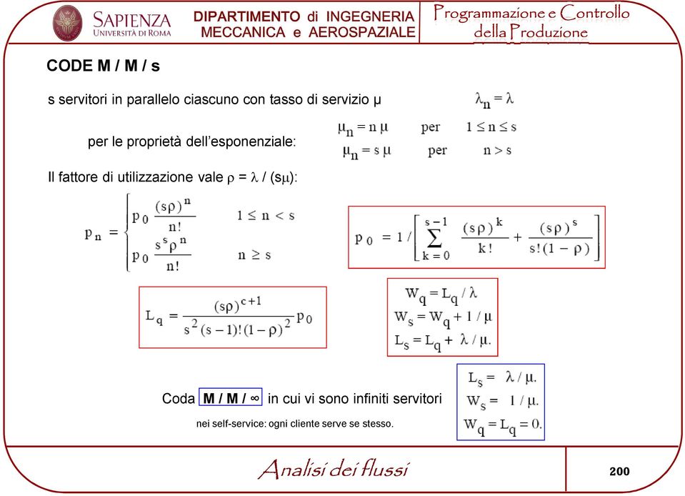 fattore d utlzzazone vale ρ = / (sμ): Coda M / M / n cu v sono