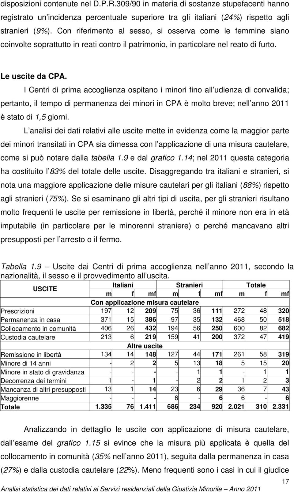 I Centri di prima accoglienza ospitano i minori fino all udienza di convalida; pertanto, il tempo di permanenza dei minori in CPA è molto breve; nell anno 2011 è stato di 1,5 giorni.