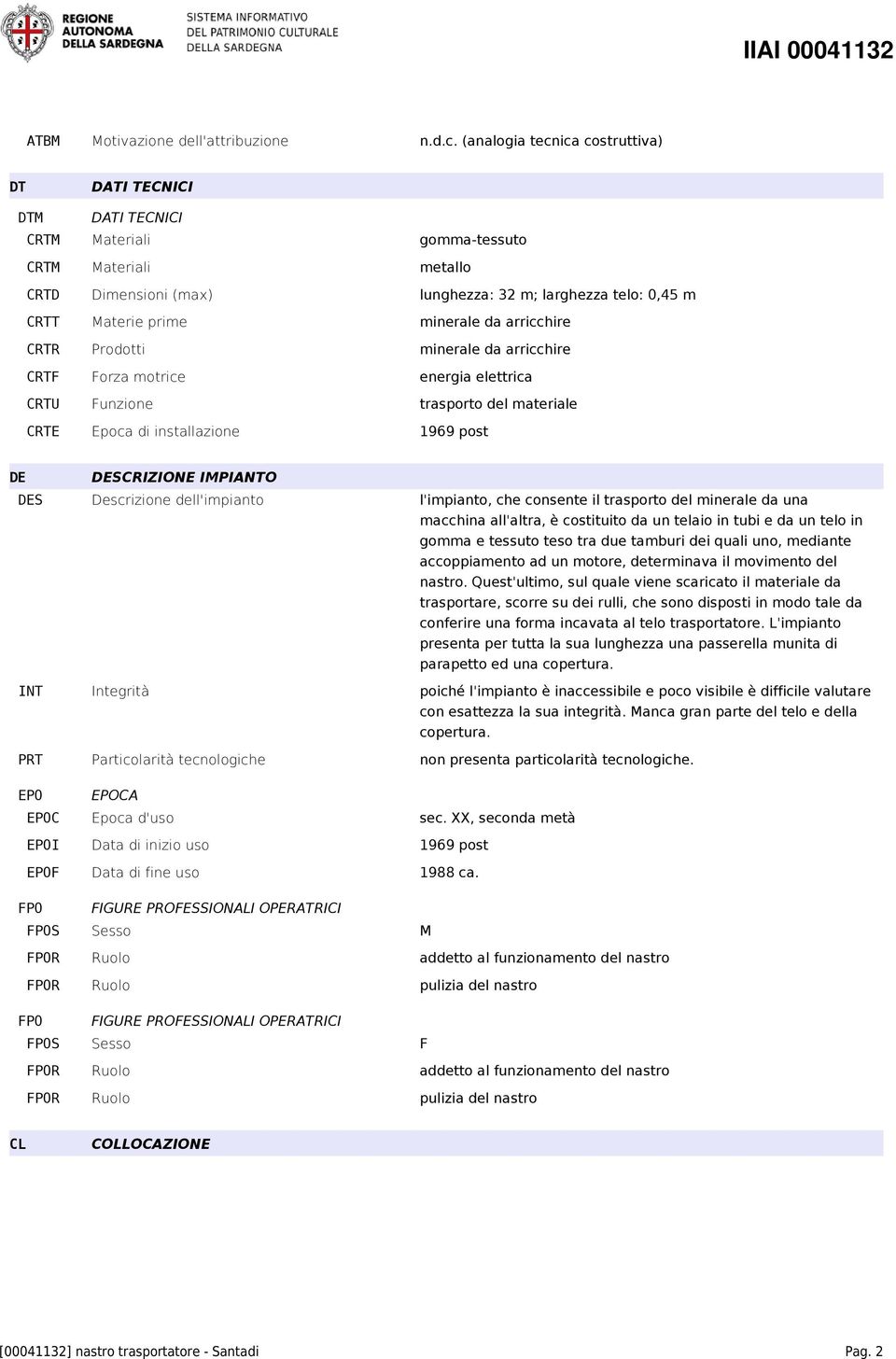 minerale da arricchire CRTR Prodotti minerale da arricchire CRTF Forza motrice energia elettrica CRTU Funzione trasporto del materiale CRTE Epoca di installazione 1969 post DE DESCRIZIONE IMPIANTO