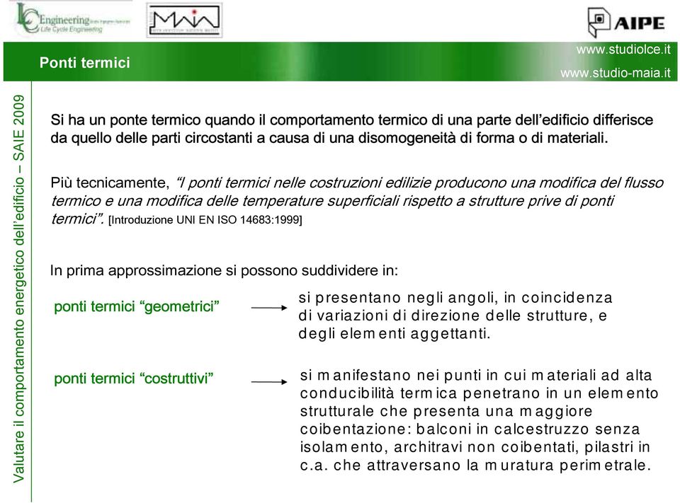 [Introduzione UNI EN ISO 14683:1999] In prima approssimazione si possono suddividere in: ponti termici geometrici ponti termici costruttivi si presentano negli angoli, in coincidenza di variazioni di