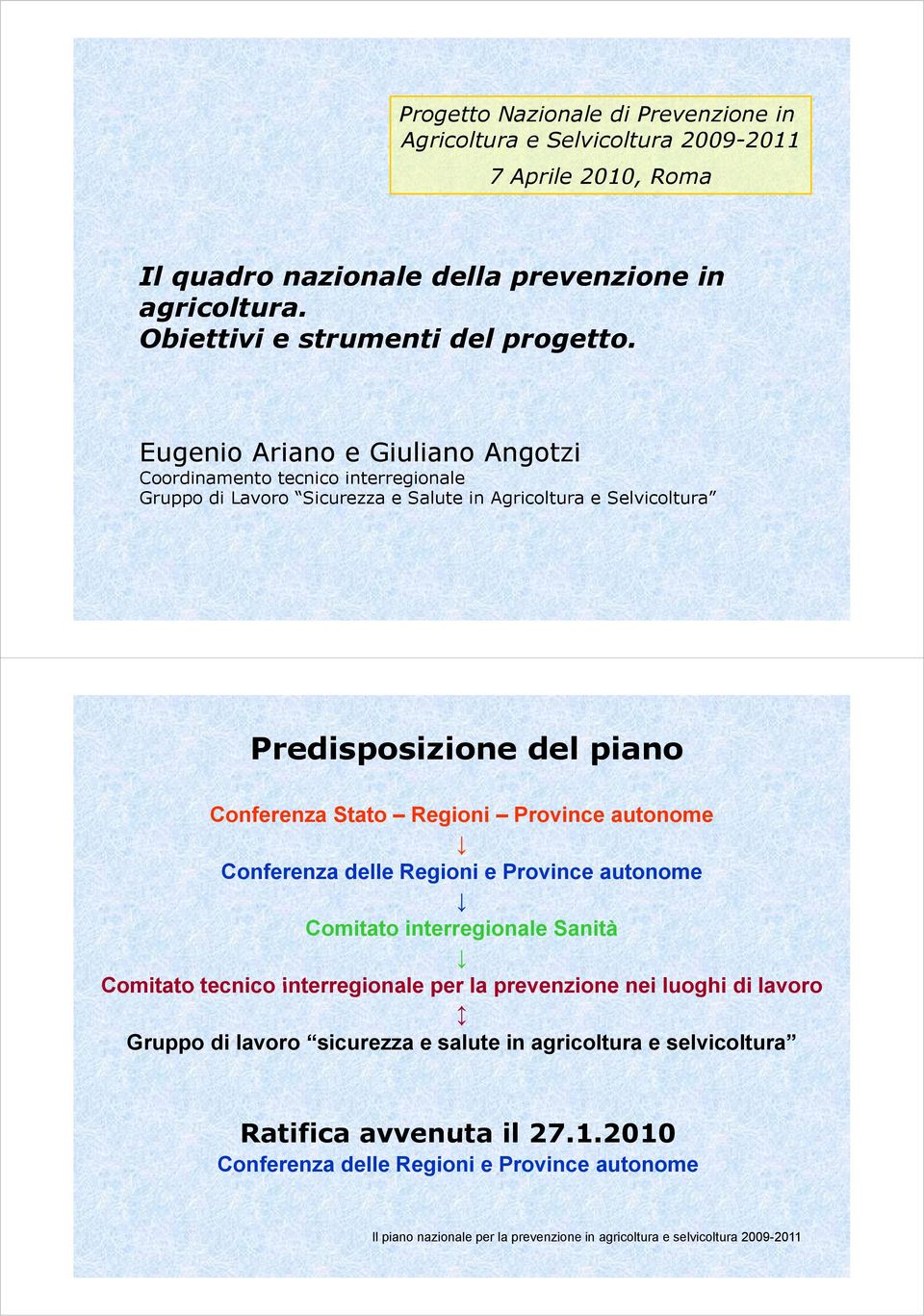 Eugenio Ariano e Giuliano Angotzi Coordinamento tecnico interregionale Gruppo di Lavoro Sicurezza e Salute in Agricoltura e Selvicoltura Predisposizione del piano