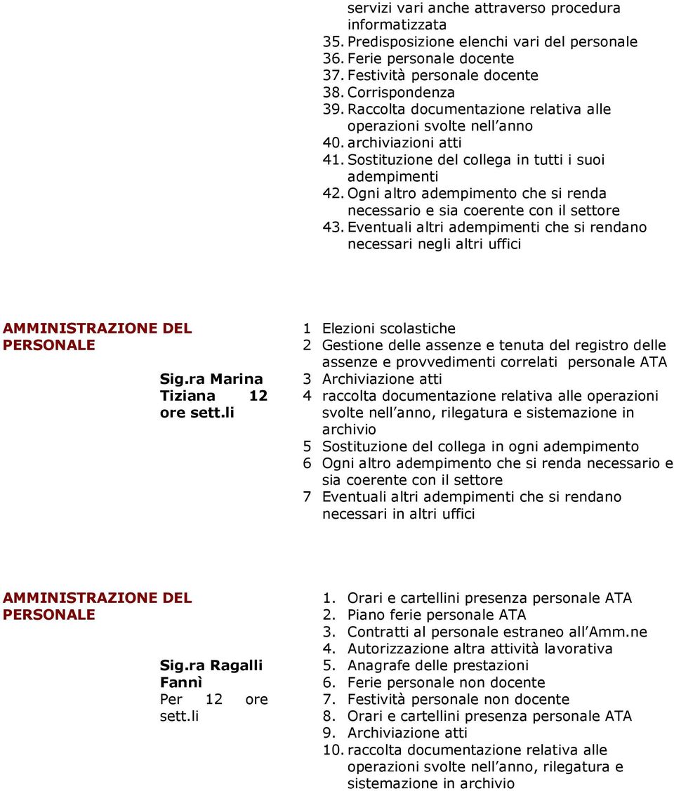 Ogni altro adempimento che si renda necessario e 43. Eventuali altri adempimenti che si rendano necessari negli altri uffici AMMINISTRAZIONE DEL PERSONALE Sig.ra Marina Tiziana 12 ore sett.