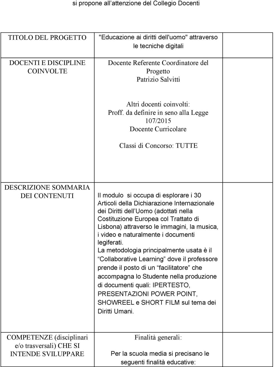 da definire in seno alla Legge 107/2015 Docente Curricolare Classi di Concorso: TUTTE DESCRIZIONE SOMMARIA DEI CONTENUTI Il modulo si occupa di esplorare i 30 Articoli della Dichiarazione