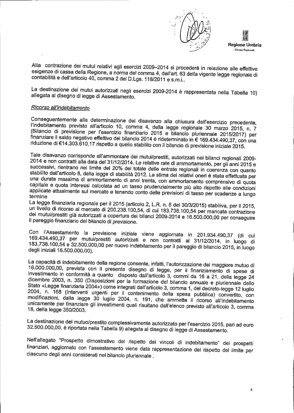 Ricorso all'indehitamento Conseguentemente alla determinazione del disavanzo alla chiusura dell'esercizio precedente 1indebitaniento previsto all'articolo 10, comma 4, della legge regionale 30 marzo