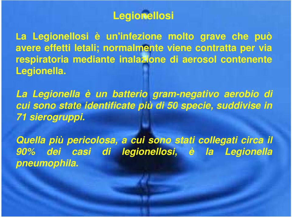 La Legionella è un batterio gram-negativo aerobio di cui sono state identificate più di 50 specie, suddivise