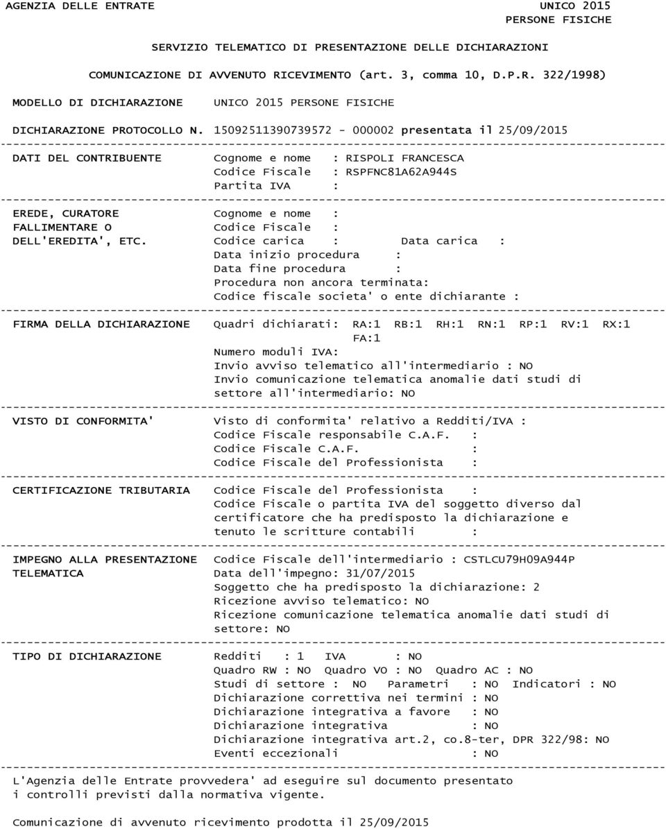 carica : Data carica : Data inizio procedura : Data fine procedura : Procedura non ancora terminata: fiscale societa' o ente dichiarante : FIRMA DELLA DICHIARAZIONE Quadri dichiarati: RA: RB: RH: RN: