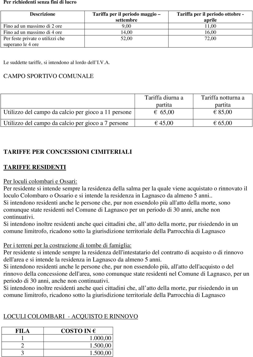 CAMPO SPORTIVO COMUNALE Tariffa diurna a Tariffa notturna a partita partita Utilizzo del campo da calcio per gioco a 11 persone 65,00 85,00 Utilizzo del campo da calcio per gioco a 7 persone 45,00