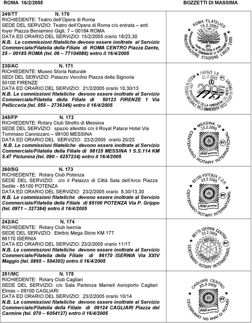 18/23,30 Commerciale/Filatelia della Filiale di ROMA CENTRO Piazza Dante, 25 00185 ROMA (tel. 06 77104088) entro il 16/4/2005 230/AC N.