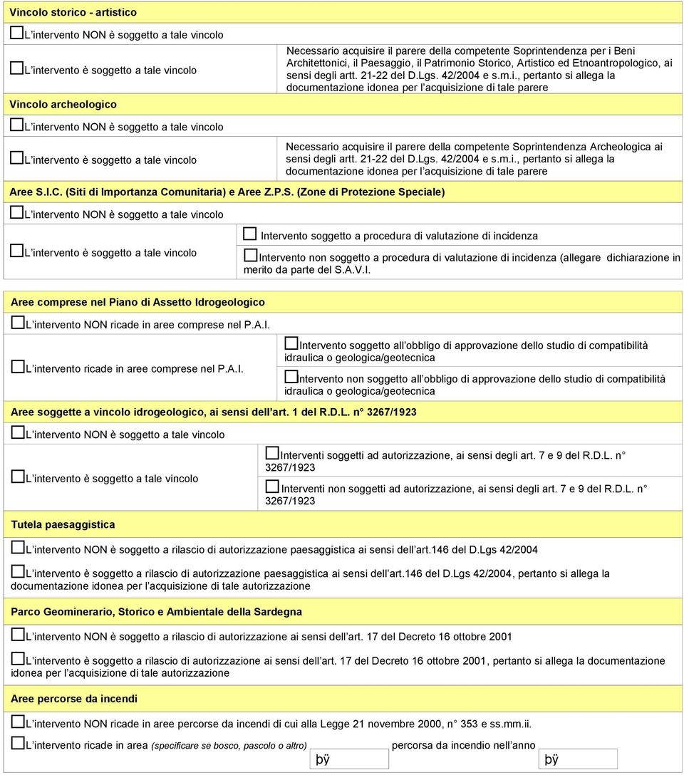 21-22 del D.Lgs. 42/2004 e s.m.i., pertanto si allega la documentazione idonea per l acquisizione di tale parere Aree S.