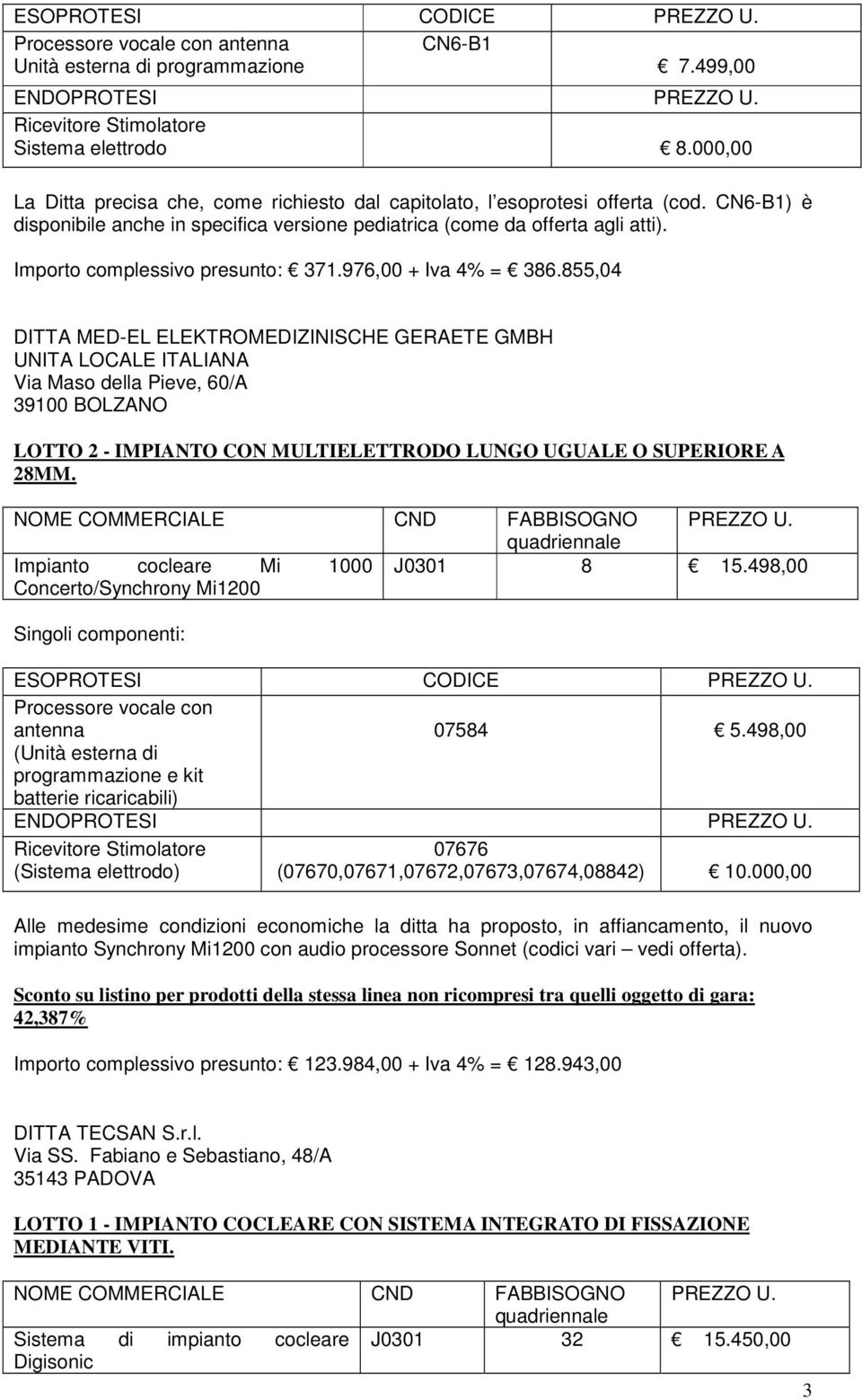 Importo complessivo presunto: 371.976,00 + Iva 4% = 386.