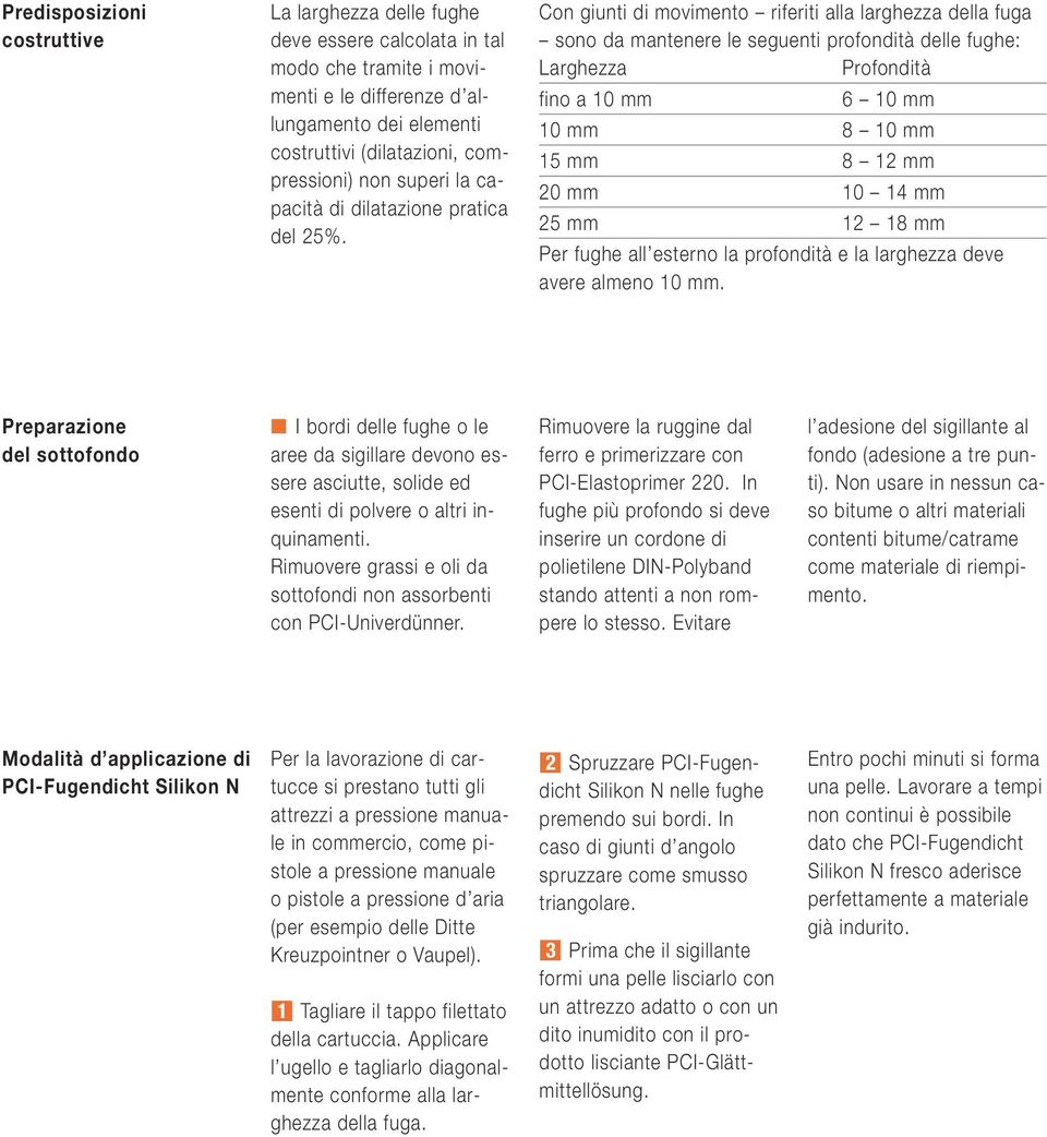 Con giunti di movimento riferiti alla larghezza della fuga sono da mantenere le seguenti profondità delle fughe: Larghezza Profondità fino a 10 mm 6 10 mm 10 mm 8 10 mm 15 mm 8 12 mm 20 mm 10 14 mm