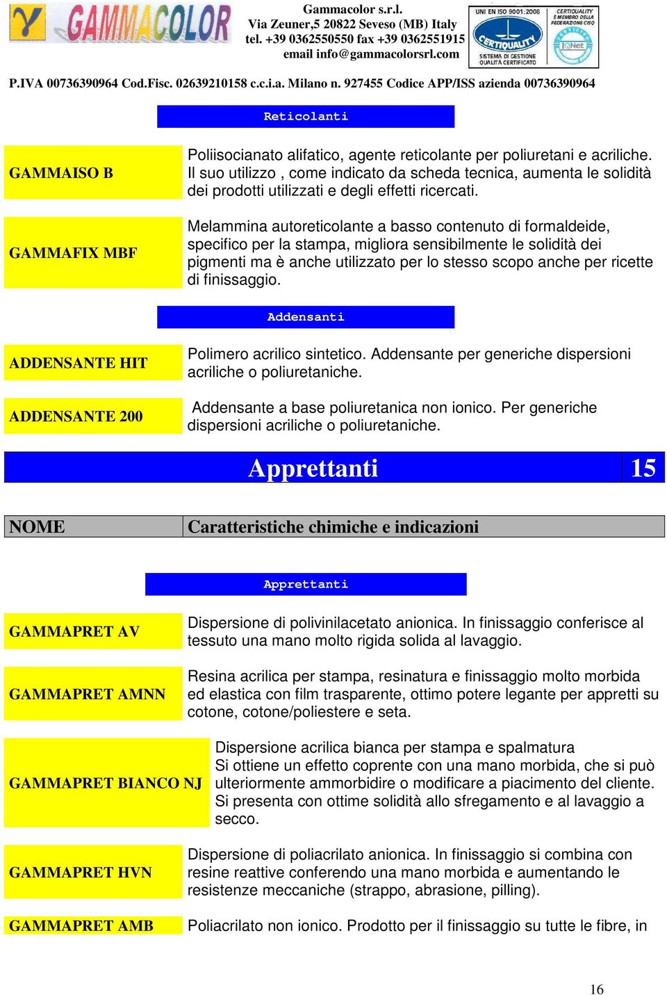 Melammina autoreticolante a basso contenuto di formaldeide, specifico per la stampa, migliora sensibilmente le solidità dei pigmenti ma è anche utilizzato per lo stesso scopo anche per ricette di