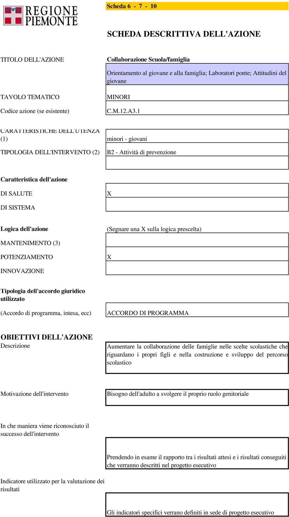 1 CARATTERISTICHE DELL'UTENZA (1) minori - giovani TIPOLOGIA DELL'INTERVENTO (2) B2 - Attività di prevenzione Caratteristica dell'azione DI SALUTE DI SISTEMA Logica dell'azione (Segnare una sulla